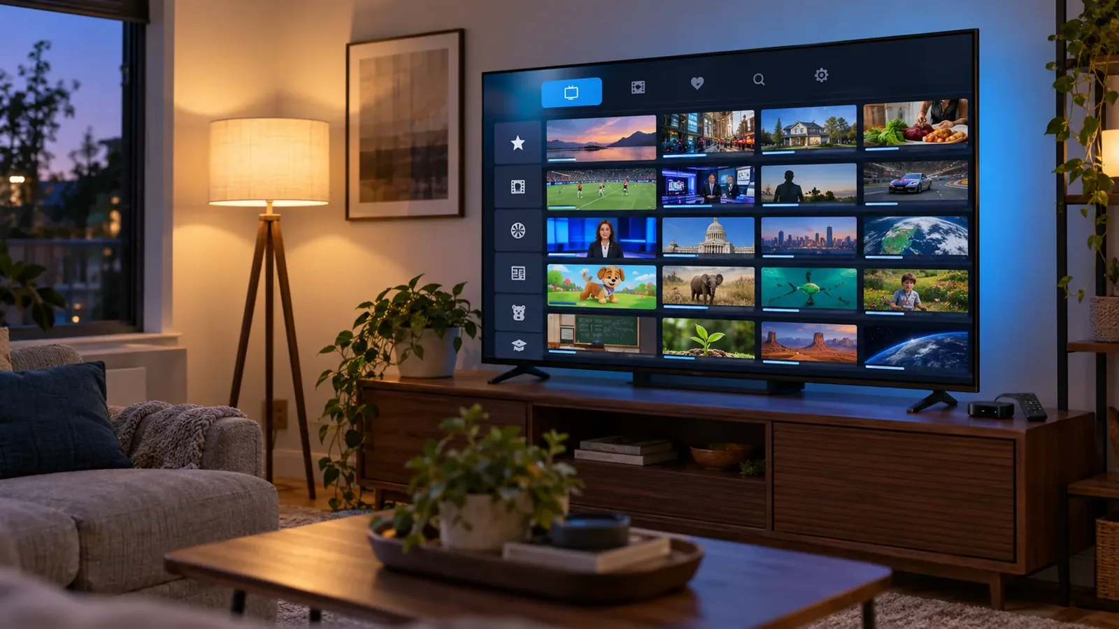 Television showing a sample programme guide in a US living room